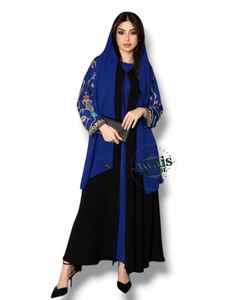 Black A-Line Floor-Length Modest Islamic <b>Kaftan</b> Long Sleeves V-Neck Crystal Beaded Simple Design Solid 100% Polyester for <b>Women</b> - Product Image 2