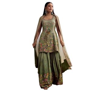 Abito da Palazzo in Crepe verde con stampa floreale e pietra all'ingrosso donna abbigliamento etnico OEM fabbrica fornitore di rinfuse - Product Image 3