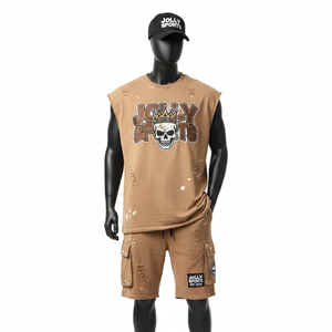 <b>Men</b> Sleeveless T Shirt And <b>Short</b> Set Heavy Cotton Jersey 180 GSM Durable Washed <b>Brown</b> Streetwear Screen Print Logo - Product Image 1