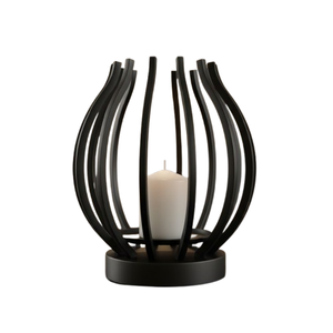 Portavelas de diseño que combina materiales metálicos y de madera, ofreciendo un aspecto moderno y equilibrado para interiores decorativos. - Product Image 1