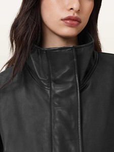 Veste universitaire en peau de mouton véritable pour femmes, col montant, noire, surdimensionnée, épaules tombantes, vêtements d'extérieur d'hiver, cadeau, doublure en coton brut - Product Image 5