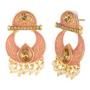 Indian Bollywood Gold Plated Pearl Crystal Rhinestone Pink Chandbali <b>Earrings</b> Jewelry Set - Product Image 4