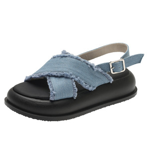 Women'S Classic Casual Vacation Style Blue Denim Fringed Thick Sole Soft Sole Sandals and Slippers Casual Comfy X-Strap Shoes - Product Image 1