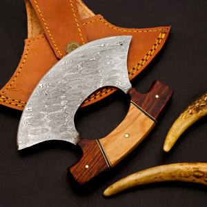 Couteau Ulu en acier au carbone, fourreau en bois et cuir, lame forgée sur mesure à motif goutte de pluie, couteau de cuisine artisanal, couteaux professionnels OEM - Product Image 4