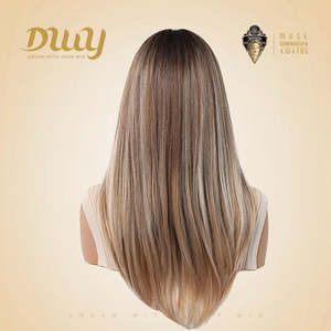 Bonia-DWY MiraScalp for <b>Ombre</b> Blonde <b>Wig</b> with Bangs Long Curly Synthetic Glueless Light Brown Lace Dark Roots - Product Image 3