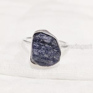 Anillo de Plata de Ley 925 con Zafiro Azul Natural en Bruto para Mujer, Joyería de Piedra Natural, Anillo Liso con Gema de Nacimiento de Septiembre - Product Image 3