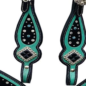 Ensemble de têtière en cuir sarcelle et collier de poitrine en cuir sarcelle de haute qualité avec cristaux à prix bon marché - Product Image 2