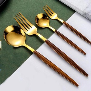 In stock <b>Gold</b> Polished Big Discount Decorative Luxury utensil set with Full thick Flat Wood design handle Utensil set - Product Image 5