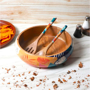 Cuenco para servir comida Meena de madera de forma redonda de calidad de lujo con cuchara y tenedor, utensilios de cocina para el hogar, cuenco de tamaño personalizado - Product Image 4