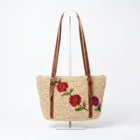 Sac fourre-tout en paille écologique pour femme avec fermeture éclair, broderie florale, style bohème, sac à bandoulière léger pour la plage et l'usage quotidien