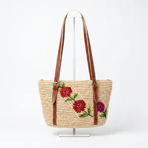 Sac fourre-tout en paille écologique pour femme avec fermeture éclair, broderie florale, style bohème, sac à bandoulière léger pour la plage et l'usage quotidien - Product Image 1