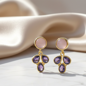 Boucles d'oreilles en calcédoine rose et améthyste bleue, plaqué or 18 carats, argent sterling 925, bijoux ronds et en forme de goutte - Product Image 1
