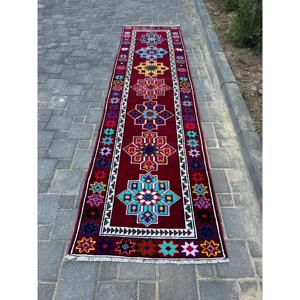Vintage Turkish Rug, 2.8x10.9 ft <b>Runner</b> Rug, <b>Red</b> Blue Floral Wool Rug - Product Image 4