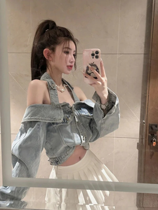 <b>Y2K</b> Cropped Denim Jackets Women Vintage Slash Neck Jeans Coat <b>Streetwear</b> Sexy Halter Long Sleeve Casual Design Outerwear Tops - Product Image 3