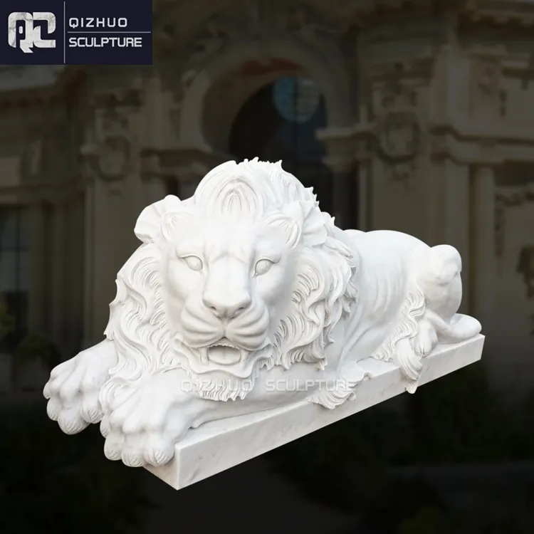 中庭のための等身大の手彫りの白い大理石の芸術の彫刻の座っている石のライオンの彫像