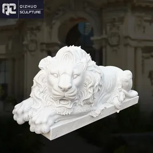 A grandezza naturale intagliato a mano scultura in marmo bianco arte seduti in pietra statue di leone per il cortile