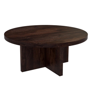Ensemble de table à manger ronde de style européen moderne, table en bois massif rustique, chaises avec siège en cuir, 8 places, bois de teck et de mangue, utilisation hôtelière - Product Image 4