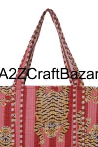 กระเป๋าโท้ทผ้าฝ้ายทำมือลายเสือ หูหิ้วยาว สะพายไหล่ สำหรับผู้หญิง เป็นมิตรกับสิ่งแวดล้อม กระเป๋าช้อปปิ้งลายทางสไตล์อินเดีย - Product Image 2