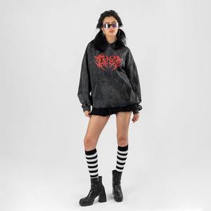 Sudadera con capucha de lana lavada con ácido de 400 GSM de peso pesado de alta calidad, parche Vintage bordado, cremallera, diamantes de imitación, hombres, invierno, OEM, venta al por mayor - Product Image 3