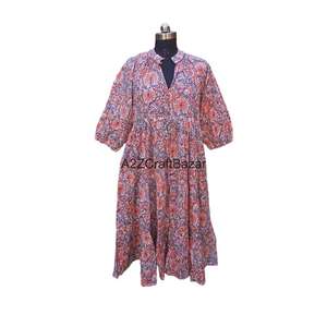 Robe habillée pour femme en coton, écologique, imprimé floral peint, légère, respirante, lavable, nettoyage à sec, col en V, manches 3/4, style portefeuille - Product Image 1