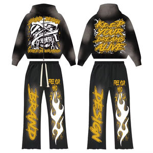 Factory Acid Wash Cotton Thick ZipUp Tracksuit Custom Streetwear Full Set with Flared <b>Hoodies</b> & Sweatpants DTG Printed for Men - Product Image 1