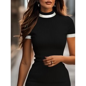 Vestido Mini de Punto Ajustado de Manga Corta y Cuello Alto para Mujer de Jane's, Prenda de Punto Informal de Color Sólido para Uso Diario, Modelo - Product Image 3