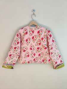Beautiful Pink Fruit Print Cotton Quilted Jacket Handmade Boho Bomber <b>Coat</b> Block Print Outerwear Reversible <b>Lightweight</b> Jacket - Product Image 5