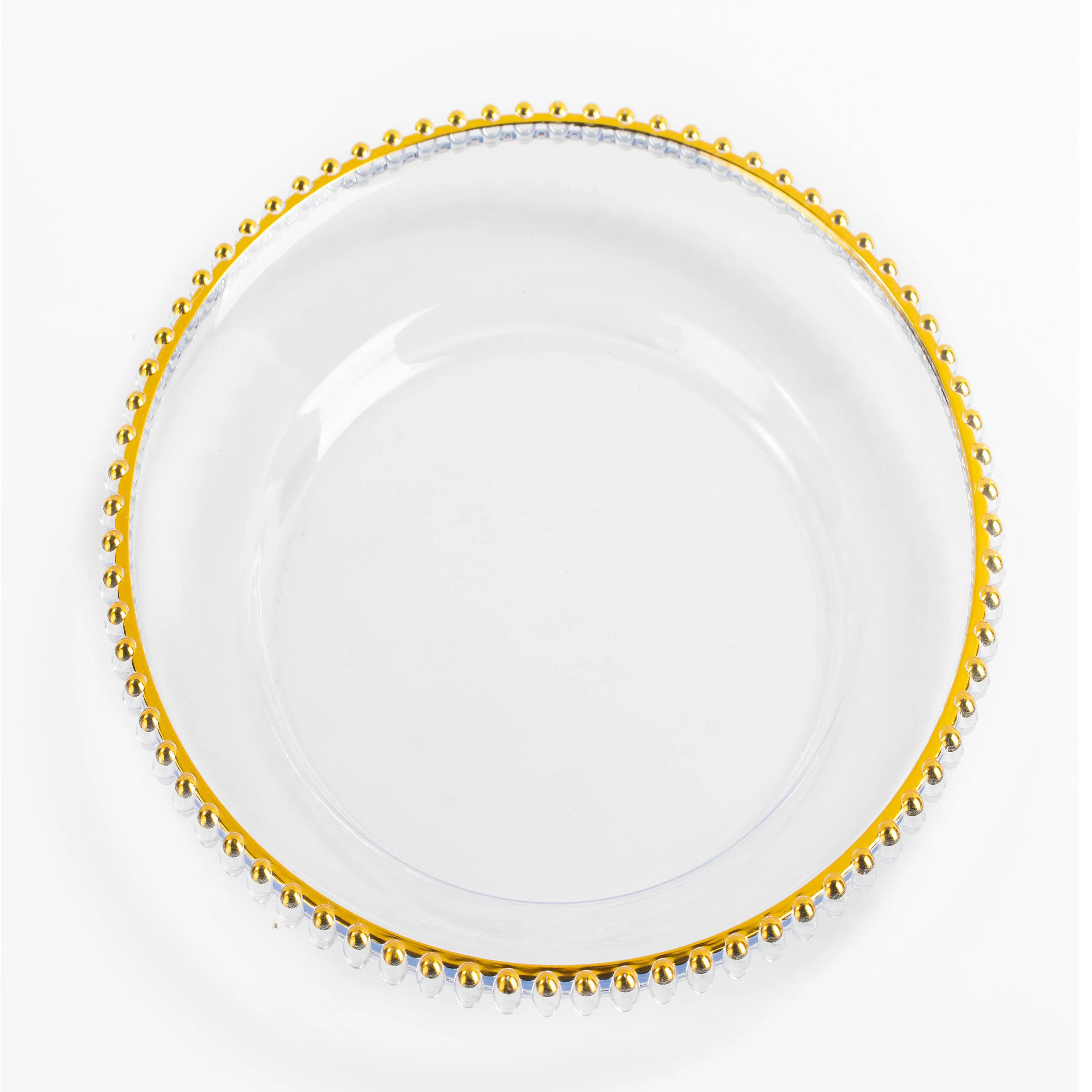 Wholesale Customized Decor Dinner Plates Acrylic Gold Beaded Clear Gold Rim Charger Plates