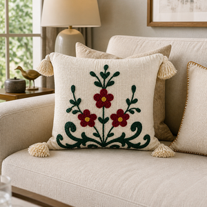 Cojín Decorativo Bordado a Mano con Flores de Algodón y Borlas, con Relleno, Diseño de Enredadera de Flores Rojas, para Sala de Estar - Product Image 4