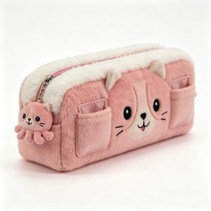 Unique plush fluffy cat pencil pouch with keychain, cute animal plush pencil <b>bag</b> soft plush cat stationery pouch - Product Image 5