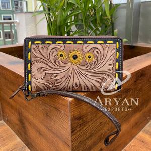 Cartera de mano de cuero tallado para mujer, Cartera de cuero tallada Floral de estilo Vintage, hecha a mano, billetera occidental - Product Image 1