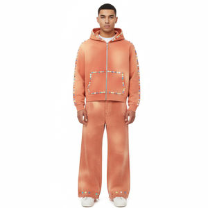 Conjuntos de pantalones de chándal con capucha de dos piezas para hombre, ropa de calle de invierno térmica lavada y descolorida personalizada directa de fábrica al por mayor - Product Image 1