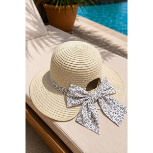 Adjustable Natural Grass <b>Floppy</b> <b>Hat</b> with Bow at the Back Cream Color - Product Image 2