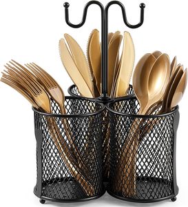 VENTA CALIENTE 3 compartimentos Utensilio de Metal Negro Cubiertos Soporte Mostrador Cesta de Almacenamiento Utensilio Caddy Organizador de Cubiertos - Product Image 1