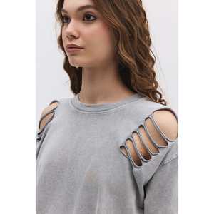 Camiseta Corta para Mujer con Hombros Descubiertos, Estilo Casual, Cuello con Lazo, 100% Algodón, Transpirable, Decorada con Diamantes, Talla Única - Product Image 3