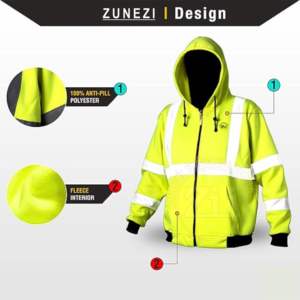 Hi Vis Sudaderas con capucha de seguridad personalizadas Chaquetas con capucha y cremallera de alta visibilidad Multi bolsillo Tira reflectante de alta visibilidad Seguridad - Product Image 2