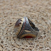 Bague de mariage vintage pour homme en argent sterling 925 plaqué rhodium, agate orange soleil, bijoux de luxe personnalisés, édition limitée pour les fêtes