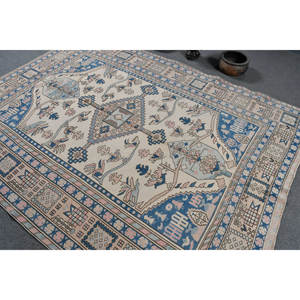 Traditional Beige Blue Vintage <b>Turkish</b> Rug 6.5 X 8.9 ft Wool Patchwork Pattern Living Room <b>Carpet</b> Latex Backing New Product - Product Image 4