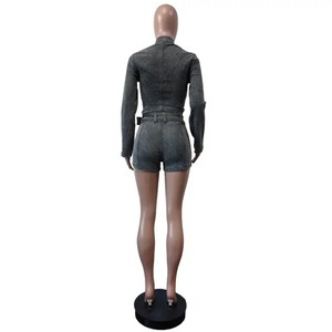 Ropa informal de calle para mujer, conjuntos de primavera para discoteca, chaquetas de manga larga con cuello redondo de mezclilla elástica, Tops cortos y pantalones cortos, conjunto de 2 piezas - Product Image 6