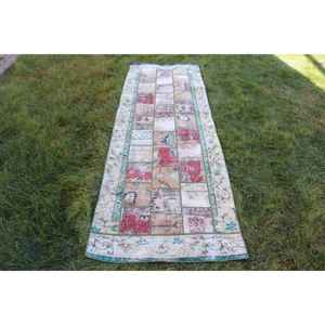 Vintage Turkish <b>Runner</b> Rug 2.8x8.4 ft, Green <b>Red</b> Solid Wool Rug - Product Image 1