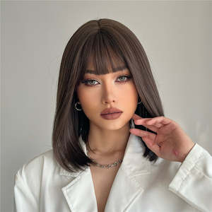 Delilah-DWY Short Bob Lace Front <b>Wig</b> Dark <b>Brown</b> Synthetic Fiber with Bangs Small Cap Size for Women - Product Image 1