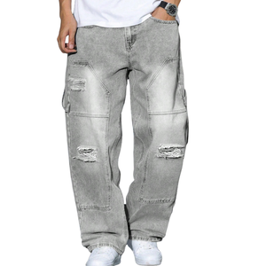 Mens Solid <b>Light</b> Grey Breathable Mid Carpenter Jeans Loose Fit Straight Leg Distressed Cargo Denim Pants Casual Streetwear - Product Image 1