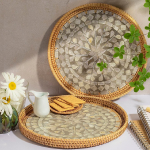 Plateau de rangement rond en rotin tissé à la main, personnalisé avec des mosaïques, bon prix, artisanat indien naturel, ZONE EXPORT CZE00143 - Product Image 2