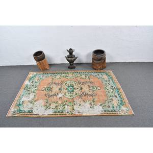 Alfombra de área con respaldo de látex de lana turca Vintage 4,1X5,9 pies naranja verde diseño de retazos para decoraciones de sala de estar - Product Image 3