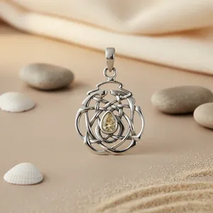 Pendentif Nœud Celtique Fait Main en Argent 925 pour Femme, Bijou Religieux Chrétien avec Breloque en Pierre Précieuse Ambre Or Rose - Product Image 2