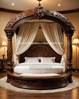 Lit à baldaquin à quatre poteaux de style Maharaja, sculpté à la main, design personnalisé, en teck, ensemble de meubles de chambre à coucher