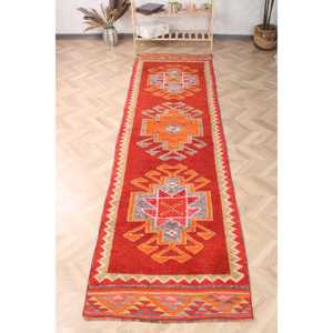 Herki Rug, 3.1x11.1 ft Vintage Rug, <b>Red</b> Bordered Rug <b>Wool</b> - Product Image 1