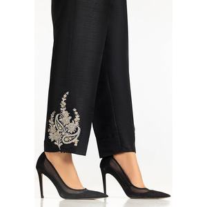 Pantalon crayon noir 100% crêpe de soie brute TR-24-30 taille mi-haute infroissable avec broderie décorative - Product Image 3