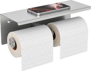 Porte-papier toilette double mural avec étagère pour téléphone, porte-rouleau de papier toilette en acier inoxydable, étiquette privée OEM - Product Image 1