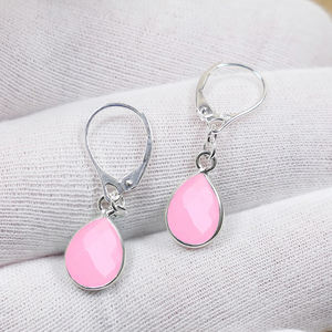 Women's 925 Sterling <b>Silver</b> Ethnic Style <b>Huggie</b> Earrings Gold Pear Faceted Pink Chalcedony Gemstone Bezel Setting Jewelry - Product Image 1